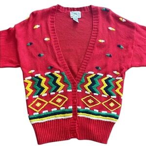 SML Sport Ltd Vintage 80's Red Geometric‎ Cardigan Small